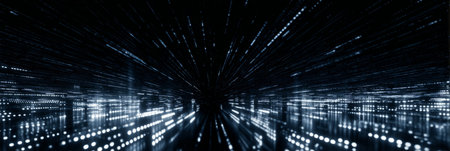 glowing dots moving through circuit-patterned dark tunnel, with reflective walls. Generative AIの素材