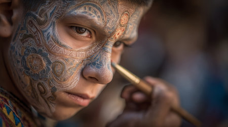 young boy painting his face with sacred patterns before the festival Inti Raymi. Generative AIの素材