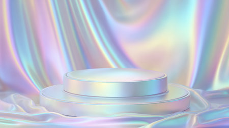 Pearl-tone podium on silk-textured background with soft folds. Generativeの素材