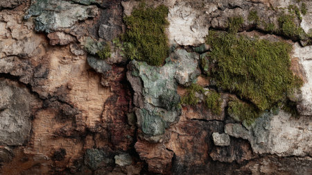 Rustic bark background, high-detail tree bark with patches of moss. Generative AIの素材