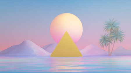 Yellow triangle hovering above pastel ocean, with palm-shaped hills in background. Generative AIの素材