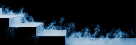 surreal magic fog, light blue smoke forming stairs floating in black voi. Generative AIの素材