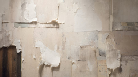 Soft neutral tones, layered white posters partially peeling with horizontal creases. Generativeの素材