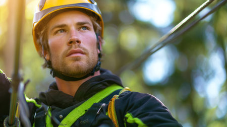 Zipline maintenance worker checking tension and safety of forest canopy cables. Generativeの素材