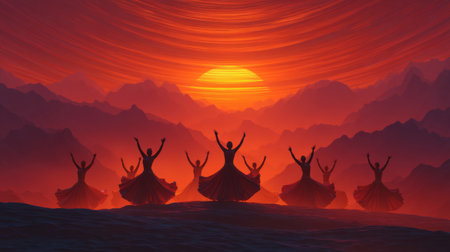 Silhouettes of dancers at dawn raising their arms to the glowing red sky on a mountain ridge. Generative AIの素材