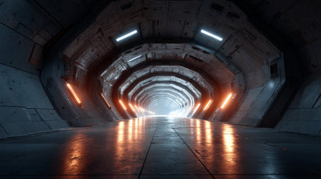 Starship launch bay tunnel with starlight reflections. Generative AIの素材