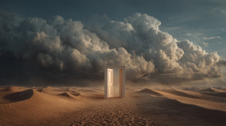 Surreal desert scene, floating door in sand dunes under stormy sky, concept of opportunity. Generative AIの素材