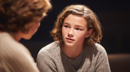 Teen client talks to therapist and encourages eye contact. Generative AIの素材