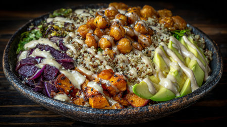 colorful vegan Buddha bowl with quinoa, roasted chickpeas, avocado, sweet potatoes, and tahini drizzle. Generative AIの素材