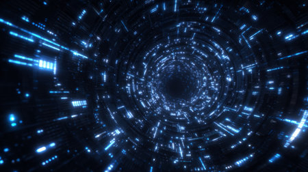 glowing dots moving through circuit-patterned dark tunnel, with reflective walls. Generative AIの素材