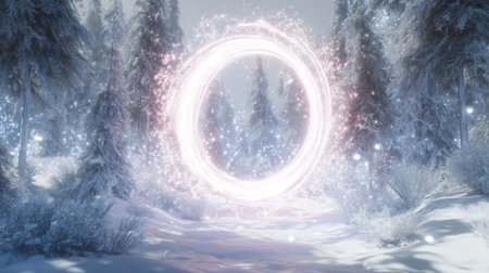 glowing portal opening into a snowy forest with shimmering particles around it. Generative AIの素材