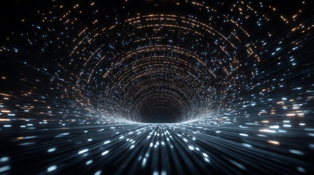 glowing dots moving through circuit-patterned dark tunnel, with reflective walls. Generative AIの素材