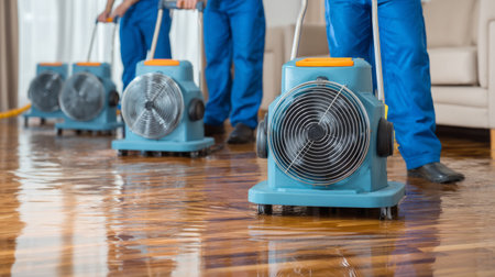 Water damage restoration, team drying flooded wooden floor with industrial fans. Generative AIの素材