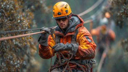 Zipline maintenance worker checking tension and safety of forest canopy cables. Generativeの素材