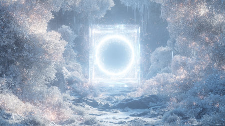 glowing portal opening into a snowy forest with shimmering particles around it. Generative AIの素材