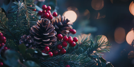 Close-up of soft-focus background of a wreath with berries and pinecones. Generative AIの素材