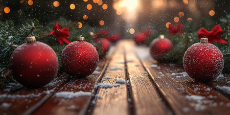 Weathered wooden surface with snowy edges, blurred ornaments and red bows in the background. Generative AIの素材