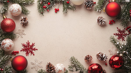 Flat lay of a winter-themed Happy New Year background with a mix of festive ornaments, snowflakes. Generative AIの素材