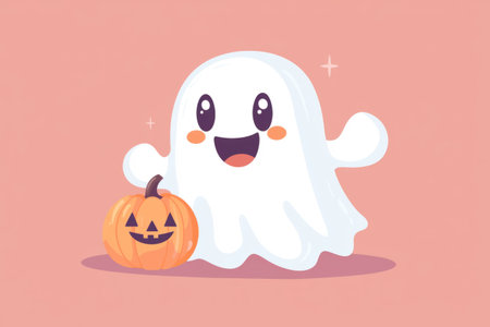 Adorable flat cartoon kawaii ghost, smiling and holding a tiny pumpkin, Halloween theme. Generative AIの素材