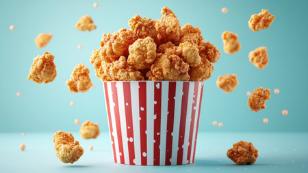 Delicious golden crispy fried chicken nuggets and wings in buckets. Generative AIの素材