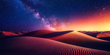 Cosmic sand dunes shimmering with subtle glitter and soft purple-orange gradients. Generative AIの素材