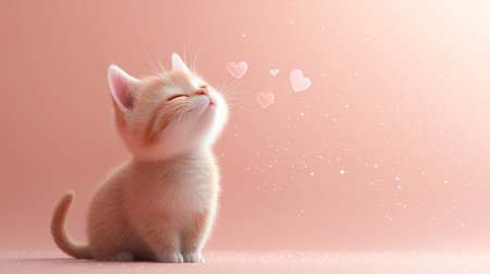 Adorable cat blows kiss, tiny hearts float. Generative AIの素材