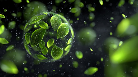 energy sphere pulsing with leaf-shaped light particles. Generative AIの素材