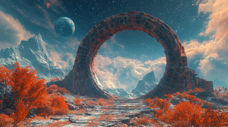 Rusted, mechanical arches from a forgotten off-world civilization, dusty planet. Generative AIの素材