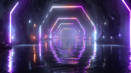 Neon-light tunnel with infinite reflections, vibrant purple and blue tone. Generativeの素材