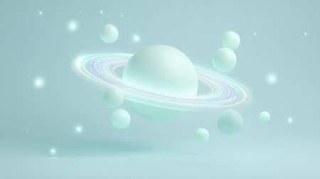spheres floating in a light teal background with soft glowing ring. Generative AIの素材