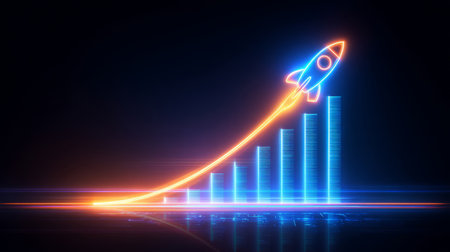 glowing bar chart with one bar shooting upward like rocket, symbol of growth. Generative AIの素材