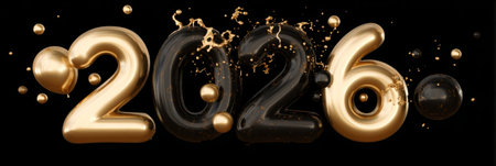 stylized gold and black palette, glowing numbers 2026 with champagne splash and balloons. Generative AIの素材