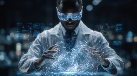 AI-assisted research concept, scientist analyzing holographic projection of quantum data flow from live experiment. Generative AIの素材
