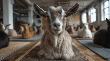 quiet yoga studio, all the mats are occupied by meditating animals, a goat leads the session. Generative AIの素材
