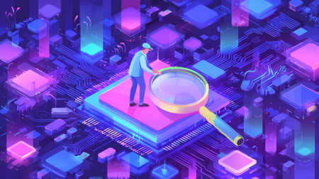 Minimalist aesthetic, tech worker assembling circuit board under magnifying lens. Generativeの素材