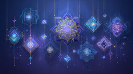 Islamic lanterns, glowing mandalas, and floating geometric patterns with spiritual and festive symbolism. Generative AIの素材