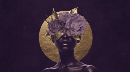 woman silhouette with flower mask and gold foil accents on dark purple background. Generative AIの素材