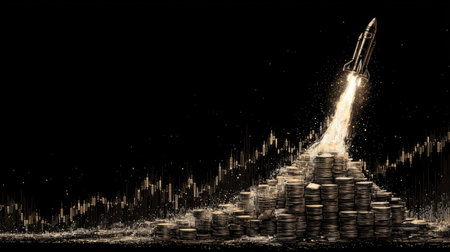rocket made of stacked money and coins blasting upward leaving behind trail of profit charts. Generativeの素材