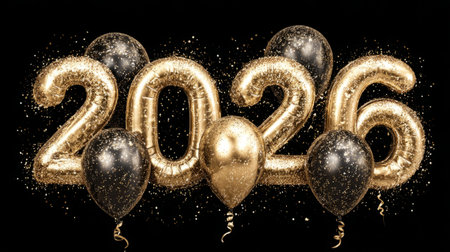 stylized gold and black palette, glowing numbers 2026 with champagne splash and balloons. Generative AIの素材