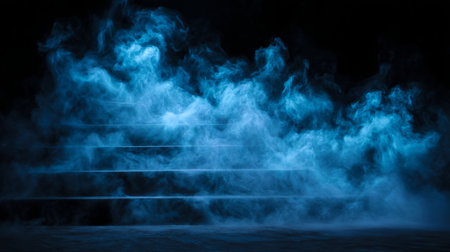 surreal magic fog, light blue smoke forming stairs floating in black voi. Generative AIの素材