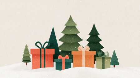 modern holiday minimalism, style gift box shapes and tree silhouettes over clean winter palette background. Generative AIの素材