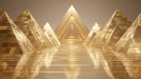 Pathway of symmetrical golden pyramids with mirrored surfaces. Generativeの素材