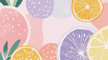 modern summer palette, stylized fruits and sunrays reduced to playful geometric forms over pastel background. Generative AIの素材