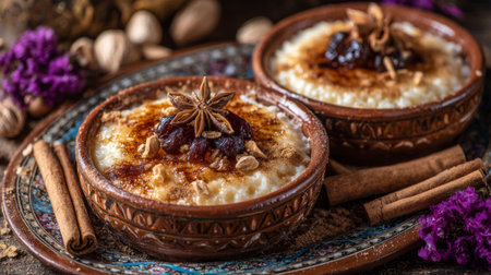 small bites of Turkish sutlac rice pudding in clay pots topped with cinnamon and caramelized top. Generativeの素材