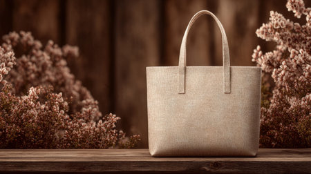 Eco-Friendly Tote Bags on Floral Display Stand. Generativeの素材