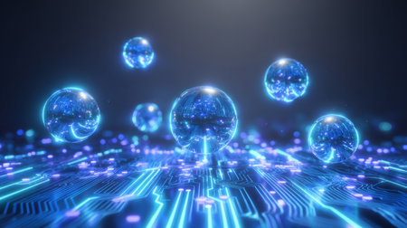 bouncing neon spheres frozen mid-air in perfect line above glowing circuit pattern floor. Generativeの素材
