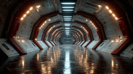 Starship launch bay tunnel with starlight reflections. Generative AIの素材