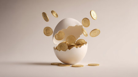 Symbolic economy concept, vault-shaped egg splits revealing floating coins. Generativeの素材