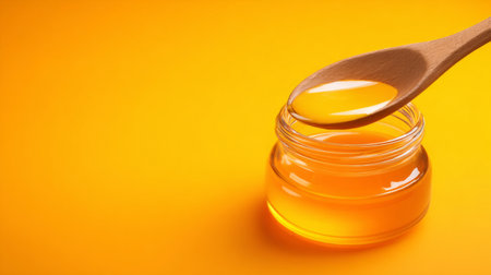 Wooden spoon scooping yellow balm from amber glass jar. Generativeの素材