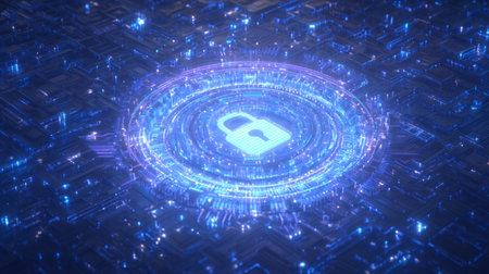 locked vault door appearing from luminous circuits and protective energy fields. Generative AIの素材